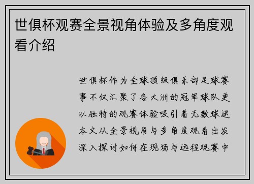 世俱杯观赛全景视角体验及多角度观看介绍