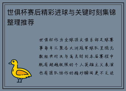 世俱杯赛后精彩进球与关键时刻集锦整理推荐