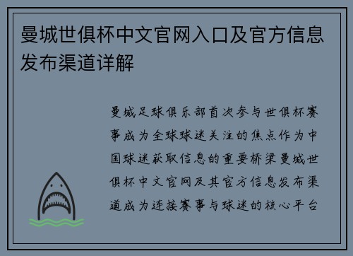 曼城世俱杯中文官网入口及官方信息发布渠道详解