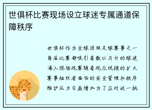世俱杯比赛现场设立球迷专属通道保障秩序